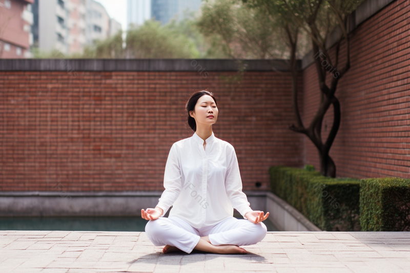 女性瑜伽冥想盘腿坐户外晴天锻炼公园红墙健身,高清,摄影图,摄影图片,图片大全,摄影图免费下载